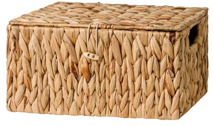StorageWorks Water Hyacinth Wicker Boxes for Organising, Large Wicker Basket with Lid, Decorative Storage Box with Lid, Towel Storage Box for Bathroom, Organiser with Built-in Handles, 1 Pack