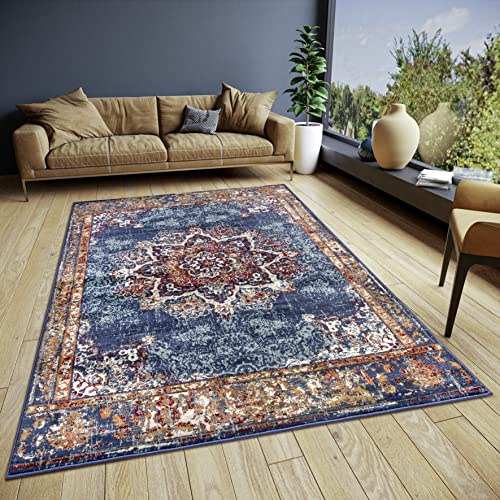 Hanse Home Maderno - Alfombra Oriental clásica, densa, con Adornos, Aspecto Vintage, Pelo Corto Suave, para Dormitorio, Comedor, salón, Pasillo, Color Azul, 57 x 90 cm