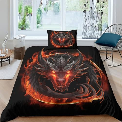OPSREY Drache Bedding Set Kissenbezug Drache King Bettdeckenbezug Verstecktes Scharnier Bettbezug Atmungsaktiv Duvet Cover Set Baumwolle Steppdeckenbezug Single（135x200cm）