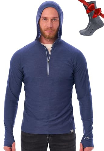 100% Merino Wool Base Layer Men Lightweight Hoodie, Merino Wool Long Sleeve | Breathable Wool Hoodie Men, Naturally Odor-Resistant, Moisture-Wicking, Itch-Free, Ideal for Outdoor Adventures