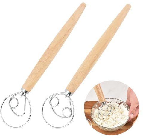 VOSSOT 2 Stück Dänischer Schneebesen, Teigbesen Teigmischer, Dänischer Teigbesen, Mixer, Eierschläger, Einzelloch & Doppelloch Teigbesen für Brot, Teig, Kuchen und Gebäck,Holzgriff
