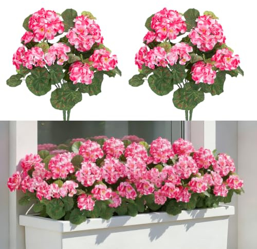Laelfe Falska pelargoner för utomhusbruk, konstgjorda konstgjorda blommor pelargon utomhus balkong uteplats kyrkogård planteringsupphängning bordsdekoration (rosa-2 st)