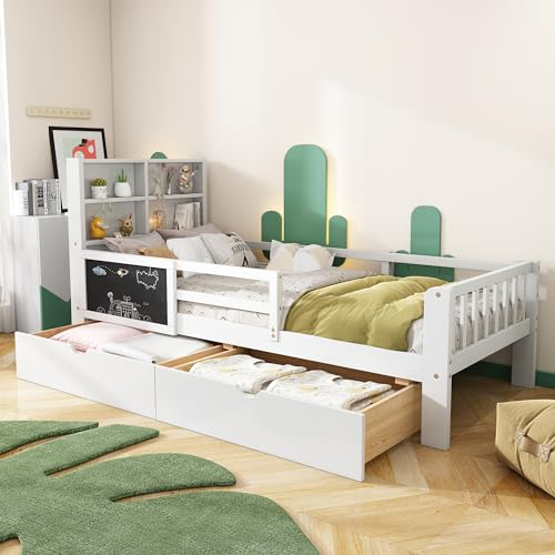 Kinderbett 90x200cm, Einzelbett mit 2 Schubladen und Tafel, Kopfteil mit Bücherregal, Kinder Bett mit Rausfallschutz und Lattenrost, Holzbett Funktionsbett Jugendbett Bettgestell, Ohne Matratze, Weiß