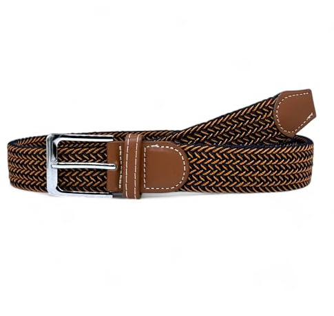 SEGMENTES Cinturón Trenzado Elástico Bicolor para Hombres y Mujeres con Hebilla Cuadrada y Detalles en Marrón - Longitud de 100 a 135 cm - Cinturón de Tela Tejida Extensible Unisex (Negro y Naranja)