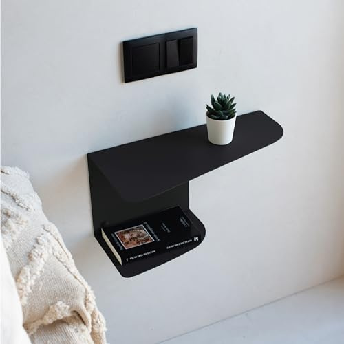 MILUKA Bedside Tables Set of 2 | Black Metal Floating Shelves 40 x 20 cm Two-Shelf Design | Console Table for Modern Space-Saving Storage for Bedroom or Hallway