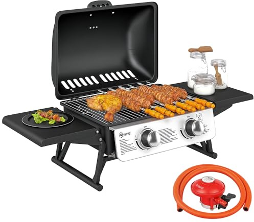 Outsunny Barbecue à gaz à 2 brûleurs avec tables latérales pliables, barbecue à gaz portable avec thermomètre intégré, couvercle, bac à graisse pour jardin, fête, camping, pique-nique, cuisine en