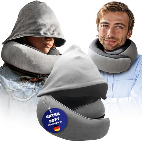 Sleevo Nackenkissen Flugzeug - Reisekissen Flugzeug- Nackenkissen Auto - Nackenhörnchen Erwachsene - mit Kapuze - samtweich & atmungsaktiv - grau