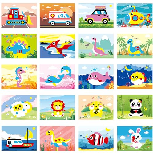Barlone Set di 20 adesivi a mosaico in gomma espansa per bambini con dinosauri, animali, oceano e trasporto, set creativo autoadesivo come regalo o per il compleanno dei bambini