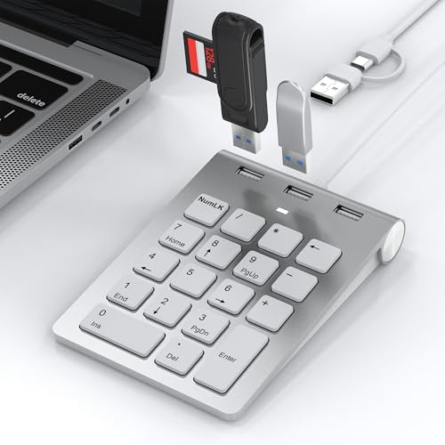 Teclado Númerico USB-C USB-A Cableado - Numpad Ultradelgado con 3 Puertos Hub, Teclado Numérico Mac con 18 Teclas, Cable de 0,5 m, Teclas de Tijera, para Macbook, Tableta, Laptop y Escritorio