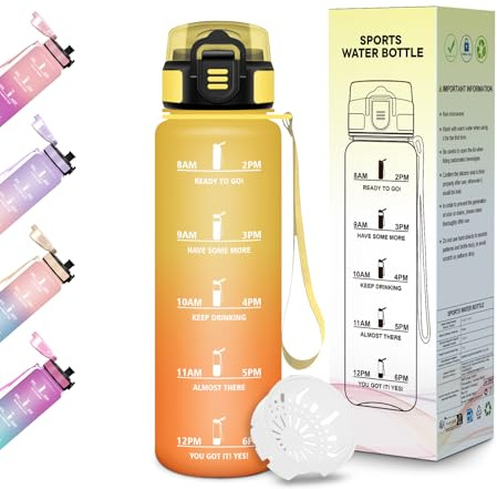 Motswedi Borraccia Bambini, 500ml Senza BPA, Design della serratura a prova di perdite, Borraccia Motivazionale, Con marca temporale, per Scuola, Sport e Trekking - Ambra&Arancio