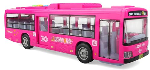 victob Bus Toy for Toddler Boys and Girls - with Lights and Sounds, Friction-Powered Wheels Light Up Toy Bus, Side Doors Open, Christmas and Birthday Gift 3 4 5 6 Years Old Kids, Pink