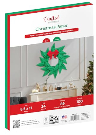 Crafted by PrintWorks Christmas Paper 8.5 x 11 - 100 Sheets - Red and Green Paper - Ideal for School & Craft Projects - Made in the USA - 24 lb/89 gsm - Printer and Copier Compatible (00575)