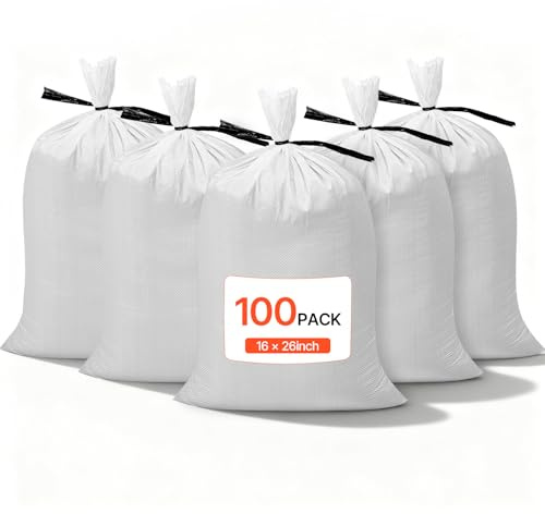VEVOR Heavy Duty Sand Bags, 100 Pack 16 x 26, Empty Sandbags for Flooding with Tie Strings, Woven Polypropylene Sand Bag with 1600 Hours of UV Protection, 50Lbs Capacity