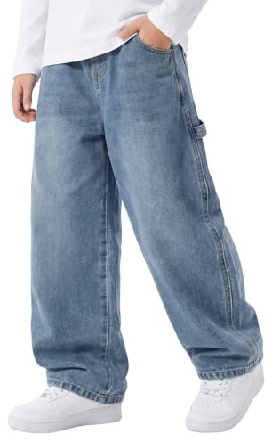 Keyck Jean Baggy Garçon Enfants Pantalon en Denim avec Taille Élastique Multiples Poches Loose Fit Décontracté Large Long Jeans Casual Mode Streetwear Ado Pant pour 14-15 Ans, Bleu