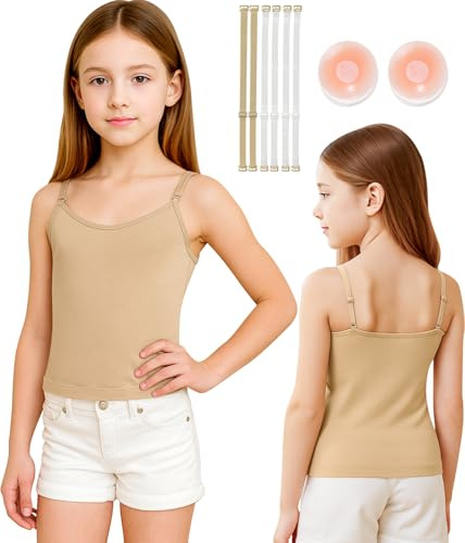 DANSHOW Haut pour fille de couleur chair avec bretelles réglables et transparentes avec cache-tétons idéal pour les vêtements de danse pour enfants