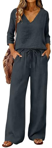 Linen Sets for Women 2 Piece Summer Holiday Casual Beach Vacation Travel Outfits Loose Fit 3/4 Sleeve V-Neck Henley Tops Wide Leg Drawstring Trousers Lounge Wear Sets for Women UK