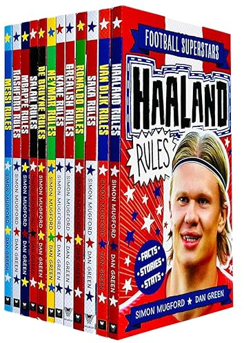 Football Superstars 12 Books Collection Rules Mega Pack Set By Simon Mugford & Dan Green(Fact,Stories & Starts)(Rolando, Neymar, Messi, Kane, Mbappé, Rashford, Haaland, Salah, De Bruyne & More)