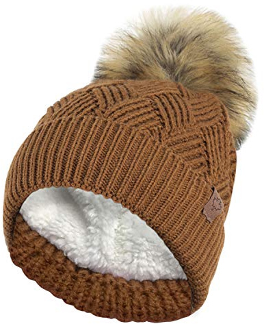RockJock Ladies Warm Chunky Diamond Cable Knit Hat with Thermal Teddy Fleece Lining and Detachable Faux Fur Pompom-Chestnut