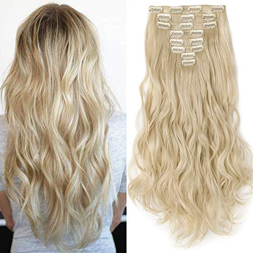 SEGO Clip in Extensions hårförlängning hårdel 8 hårhårslingor som äkta hår vågigt blekt blond-1 43 cm