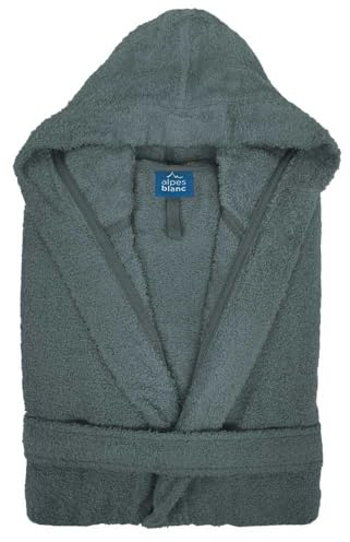 Alpes Blanc Peignoir de bain mixte à capuche 100% coton éponge bouclette 450g/m² - Absorbant, doux et confortable – Ceinture et poches