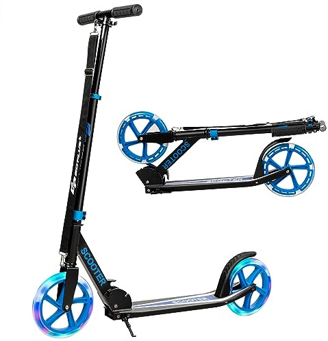 COSTWAY Monopattino Pieghevole con Altezza Regolabile, 2 Ruote Luminose con Freno, Manubrio Regolabile, Pedana Antiscivolo, Tracolla e Cavalletto, Scooter Portata 100kg, 10+ Anni (Blu)