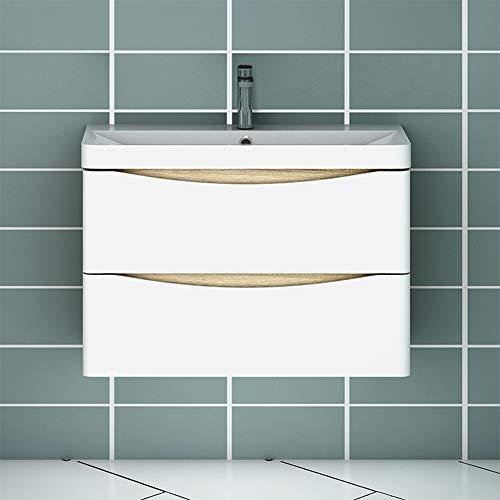 huiyang Badmöbel-Set,Waschbecken mit Unterschrank,Waschtischunterschrank,80cm Weiß+Eiche