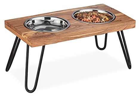 Relaxdays Napfständer, Edelstahlnäpfe 1200 ml, Hundefutterstation aus Akazienholz, Hundebar HBT 23 x 49,5 x 25 cm, braun