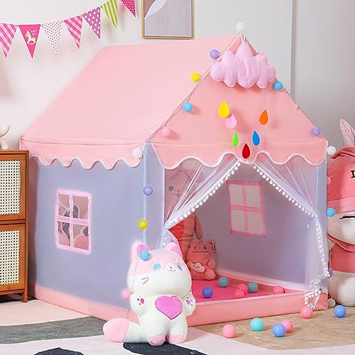 Tienda infantil para interior con estera gruesa para gatear, luces esféricas y adornos de nubes, tienda de juegos para niños, para interior, color rosa y gris azulado, casa de juegos en forma de casa,