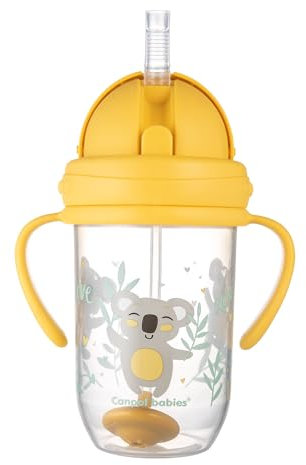 Canpol babies Trinklernbecher mit Strohhalm und Gewicht EXOTIC ANIMALS 270 ml, 6m+, Trinken aus jedem Winkel, Auslaufsicherer weicher Silikonstrohhalm, Dicht schließender Deckel (Gelb Koala)