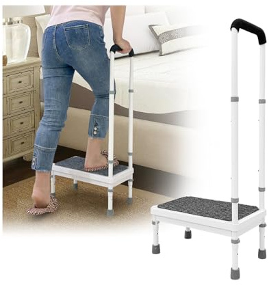 Step Stool with Handle for Elderly Medical Step Stools Seniors Handicap High Beds Mobility Platform Steel Foot Steps with Handrails Ramp Assist for Car, Bedside, Shower, Bathtub (400 LBS) (Gray, 45cm)