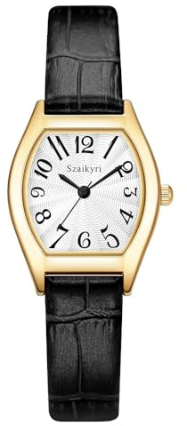 Szaikyri Barrel-Shaped Watch for Women with Easy Read Arabic Numerals Ladies Dress Watch (Black-Gold)