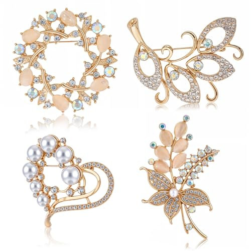 Andibro 4pcs Broche Bouquet Pour Femmes, Broche En Perles De Strass Broche En Cristal De Fleur Broches De Mariage Broche Élégante En Or Épingle À Clip Badge Corsage Bijoux Pour Écharpe Vêtements Fête