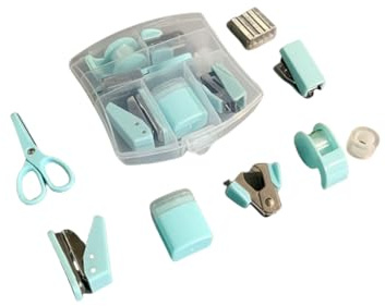 Kit de 8 piezas de suministros de oficina, bonito juego de accesorios de escritorio, juego de grapadora escolar, mini kit de suministros de oficina, estuche portátil con tijeras (azul)