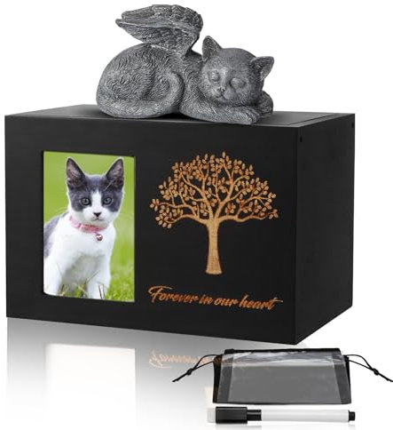 Urna Cenizas Perro de Madera para Perros con ángel de Gato y Bolsa para Cenizas, Urna para Mascotas con Marco de Fotos, Caja Conmemorativa para Cenizas de Perro y Gato,Negra 18x12x12cm