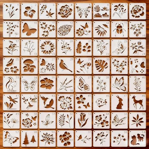 CAPASTEC 64 Stück Malvorlagen Wiederverwendbare Schablonen Bastelvorlagen Zeichenschablonen für Malerei Heimdekoration Basteln Scrapbooking 7.62x7.62cm