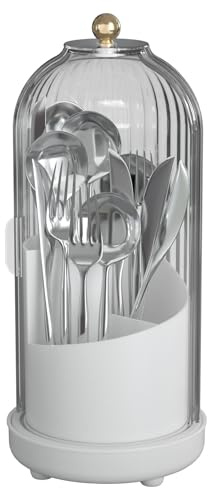 Portaposate con coperchio, girevole internamente, organizer per posate da cucina o dispensa, organizer per forchette, coltelli e cucchiai, con coperchio, bianco