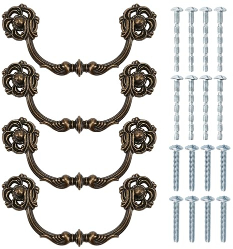 KH866 4-Pack 4.5 C-C Antique Brass Drawer Pulls – Vintage Style Drop Bail Dresser Handles, 4 1/2 107mm Centers (4.5 Hole to Hole), Bronze Look Cabinet Knob Hardware for Desk and Drawer Furniture