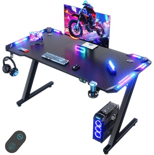 Devoko 120 x 60 cm Gaming Tisch, Gaming Schreibtisch mit LED, Kohlefaser-Oberfläche, Ergonomic Gamer Tisch with Drink Holder, Headphone Hook, Stabiler Computertisch