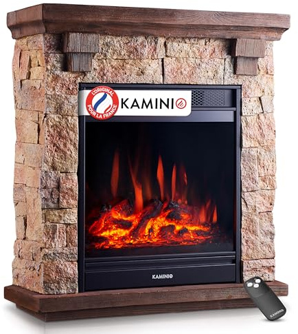 KAMINIO Chimenea eléctrica Juan - Chimenea eléctrica de pie con Aspecto de Piedra, función de calefacción, Efecto de Llama 3D y Mando a Distancia (Beige)