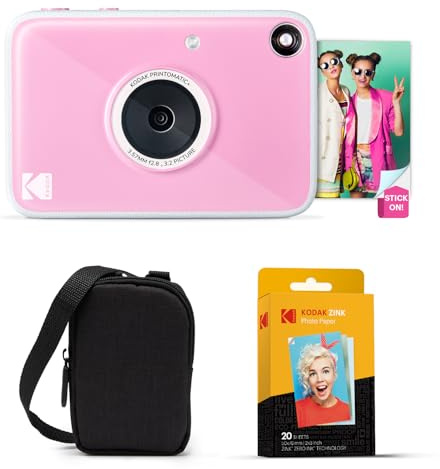 KODAK Printomatic+ 10MP Instantkamera Startpaket med Väska, RGB LED och Zink 20 ark Klisterpapper – Rosa