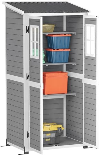 Outsunny Capanno Porta Attrezzi da Giardino in Legno di Abete con 2 Finestre e Ripiani Regolabili, Casetta Attrezzi Giardino Bloccabile, Tetto Spiovente per Patio Terrazza, 91x69x192cm, Grigio Chiaro