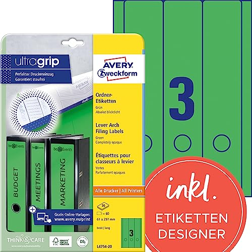 AVERY Zweckform L4754-20 Ordnerrücken Etiketten (60 Rückenschilder mit ultragrip, 61x297mm auf A4, breit/lang, selbstklebend, absolut blickdicht, bedruckbare Ordneretiketten) 20 Blatt, grün