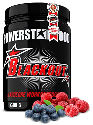 Powerstar BLACKOUT Hardcore Pre-Workout-Booster 600g | Hochdosierter Pump-Booster mit natürlichem Koffein | Fitness, Energie & Fokus | Deutsche Herstellung | Vegan | Blue Raspberry Trainingsbooster