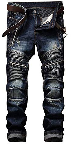 AITITIA Men's Biker Zipper Deco Washed Straight Fit Jeans, Dark Blue, 38