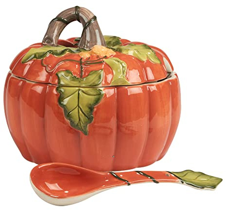 Harvest Morning Ceramic Pumpkin Tureen with Ladle – A stunning pumpkin-shaped tureen perfect for soups, stews, or festive holiday centerpieces that celebrate fall’s bounty 112 oz.