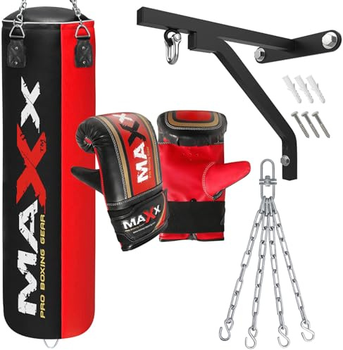 Maxx Black and Red 3ft 4ft 5ft 6ft Filled Hanging Boxing Punch Bag Set Heavy Punching bag (6PCS WITH BRACKET, 5FT)