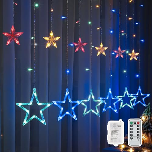 BLOOMWIN Christmas Window Lights - 2M 138 LED Star Curtain Icicle Hanging Decorations for Indoor Outdoor Xmas Windows - Multi Colored Battery Powered