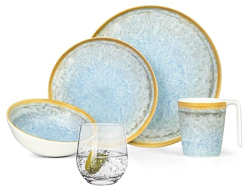 Melamin Camping Geschirr Set 4 Personen Crystal Blue + 4 Timo Gläser Wassergläser Tafelgeschirr Picknick BBQ Kochgeschirr