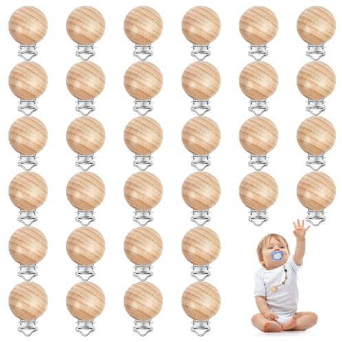 32 Pieces Natural Beech Wood Pacifier Clips Charm DIY Pacifier Holder Clips Teething Grasping Toy Suspender Clips for Pacifier Chain Accessory