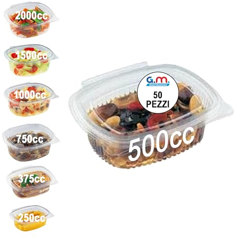 GM 50 Vaschette per Alimenti Riutilizzabili con Coperchio Ovali Trasparenti in Pet Misura 500 cc Contenitori con Coperchio Unito Trasparente Vaschette per Alimenti Riutilizzabili Chiusura ermetica